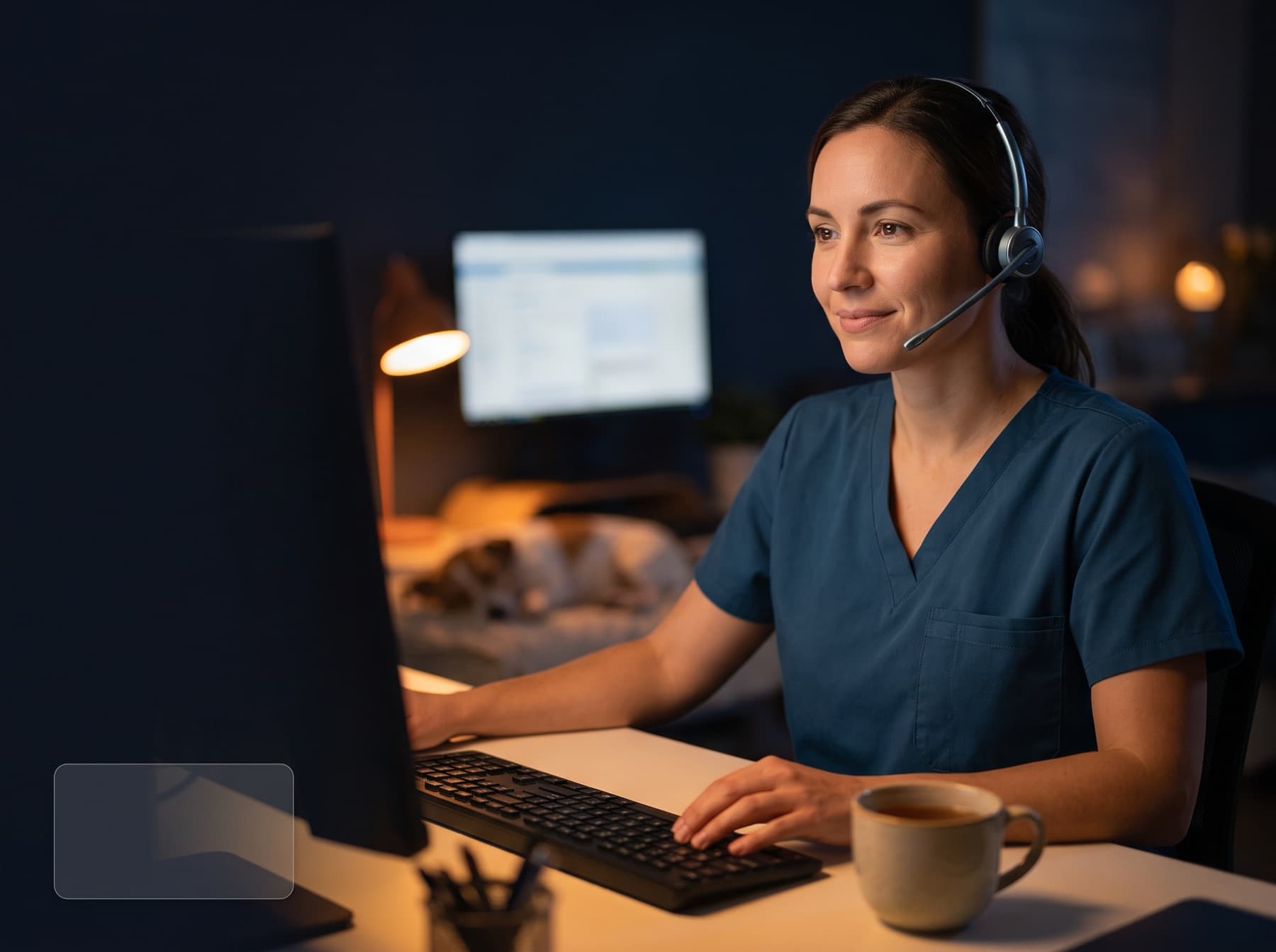 A licensed veterinary technician wearing a headset, answering an after-hours call at a warm-lit desk at night, a dog asleep behind her