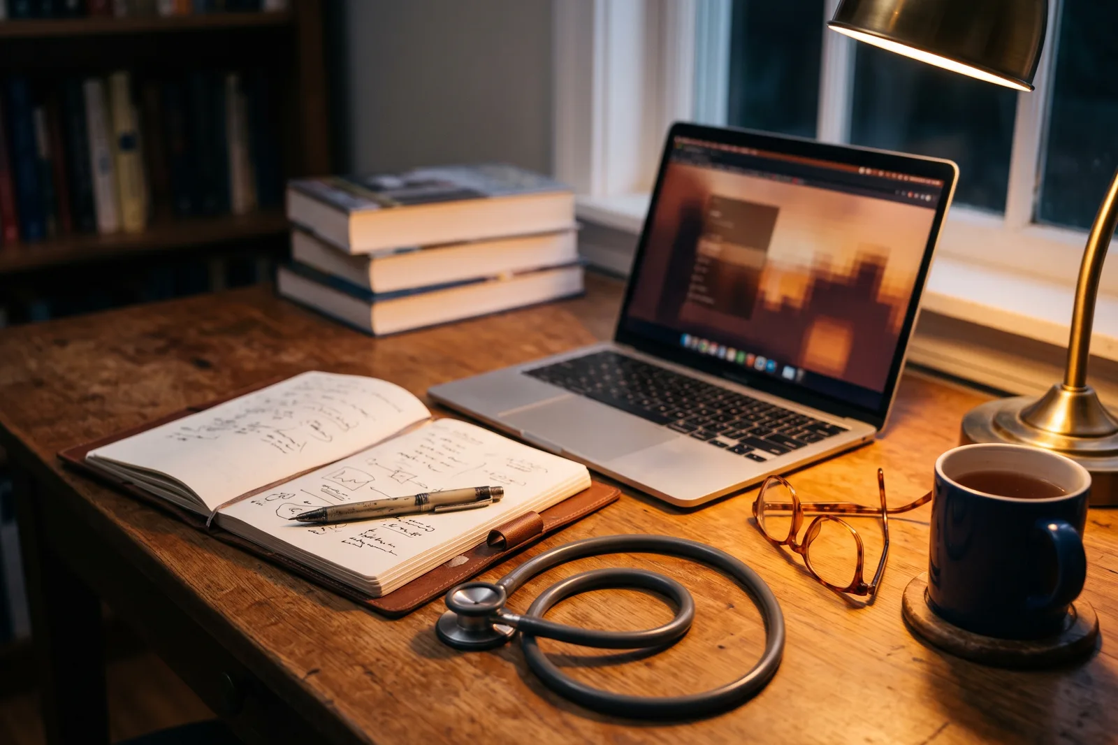 A veterinary desk with notebook, stethoscope and laptop