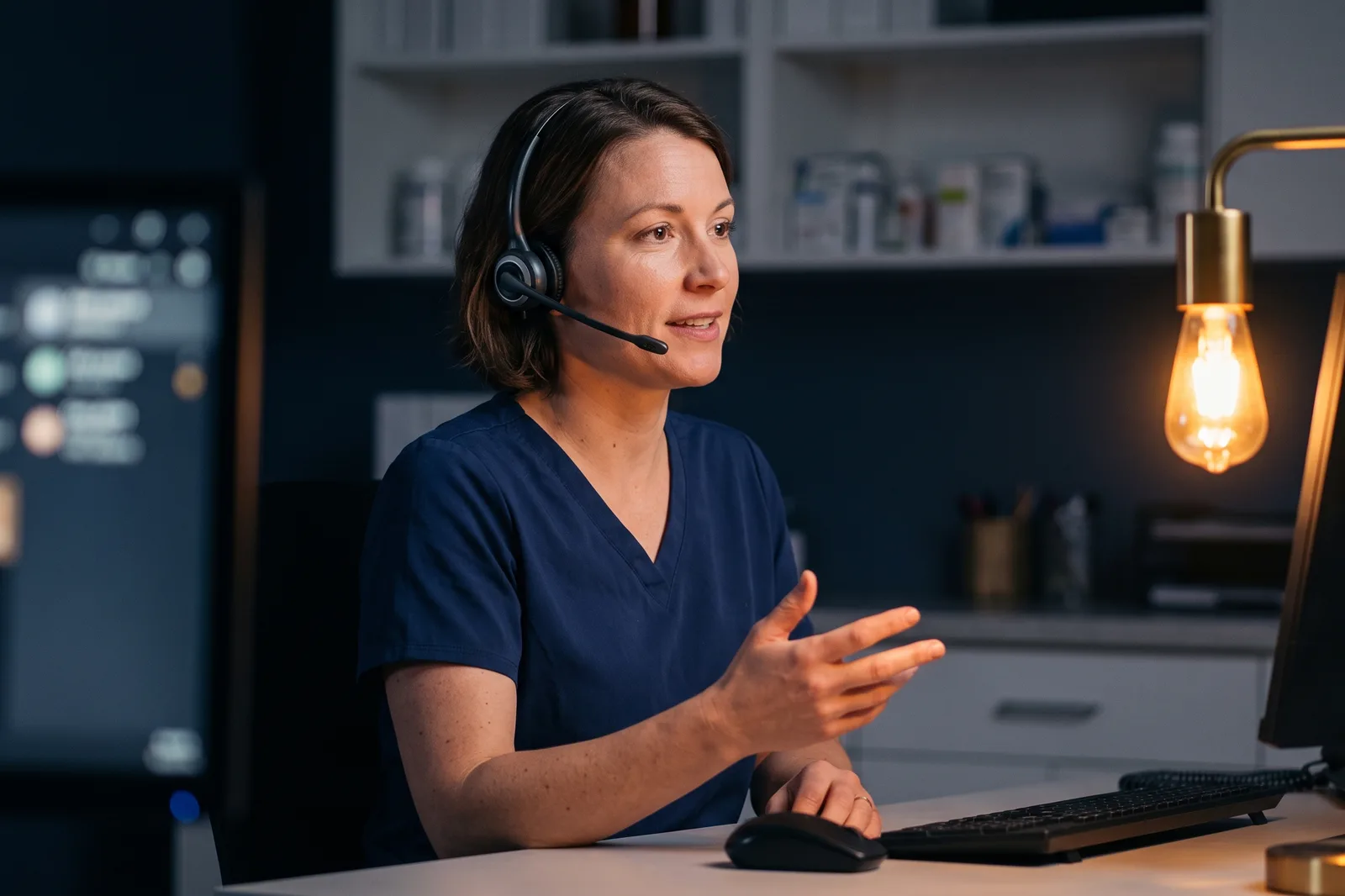 An RVT on a headset answering a practice's after-hours line