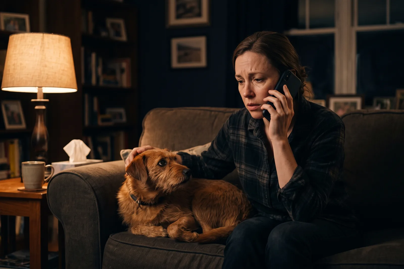 A worried pet owner on the phone at night, comforting their dog
