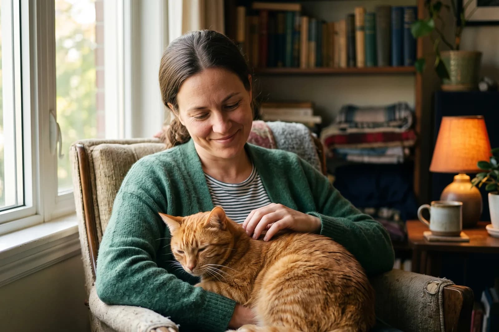 A calm pet owner holding their cat at home