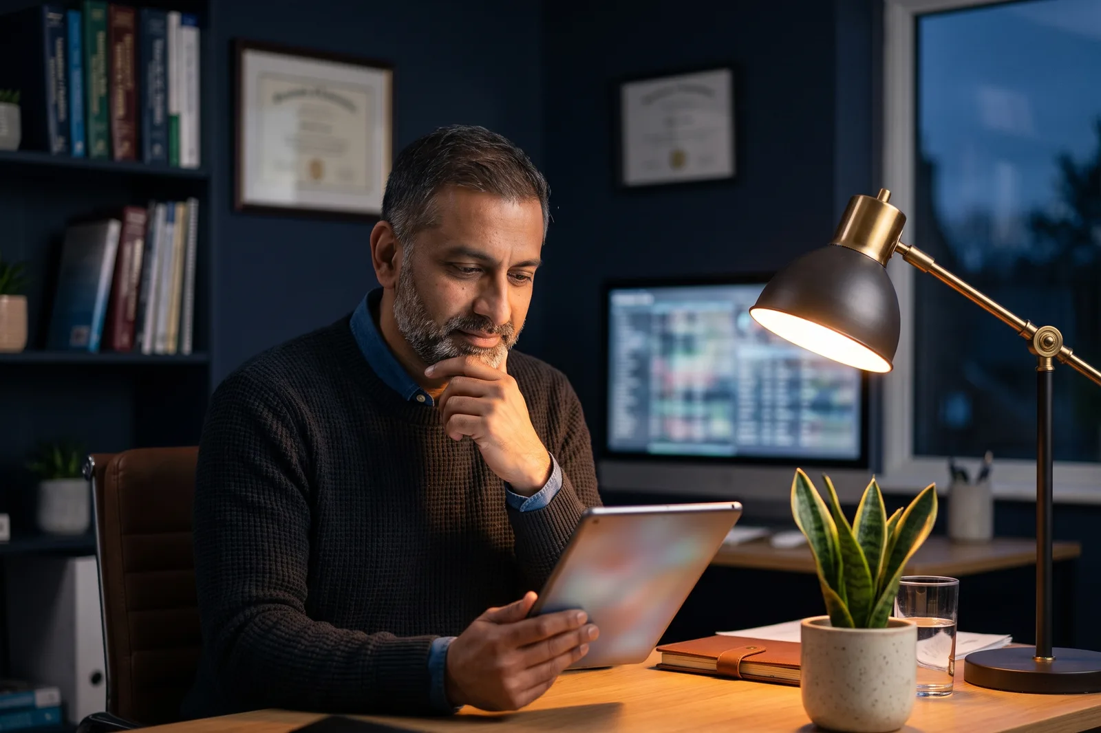 A veterinary practice owner reviewing figures at their desk