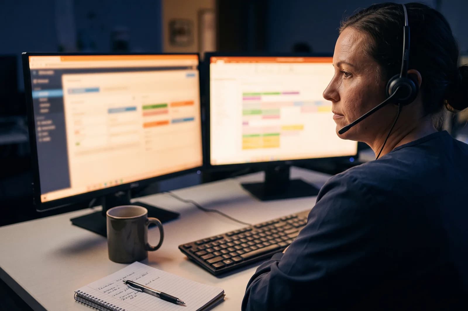 A veterinary technician at a night telehealth workstation