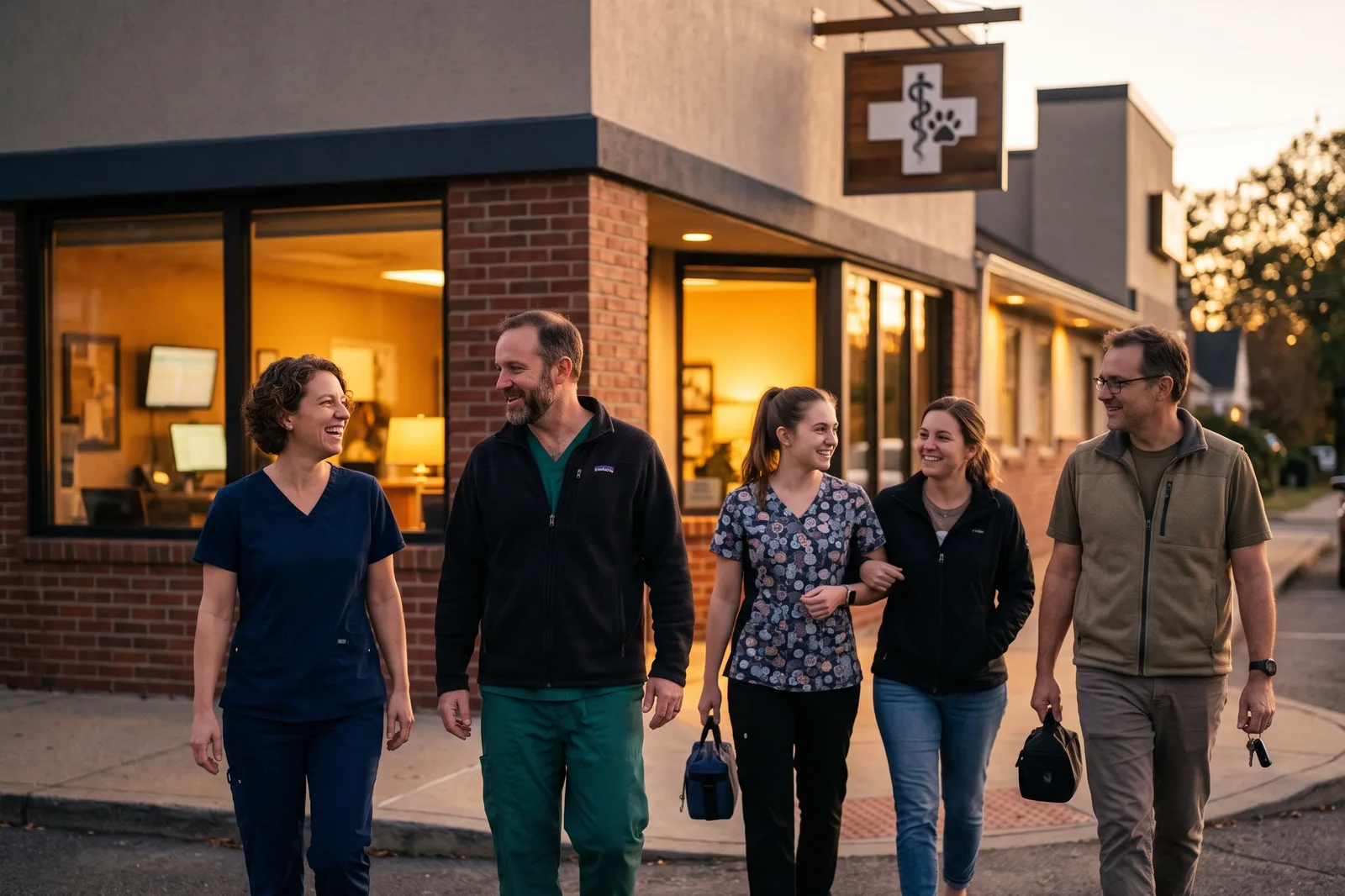A veterinary team leaving the clinic at dusk